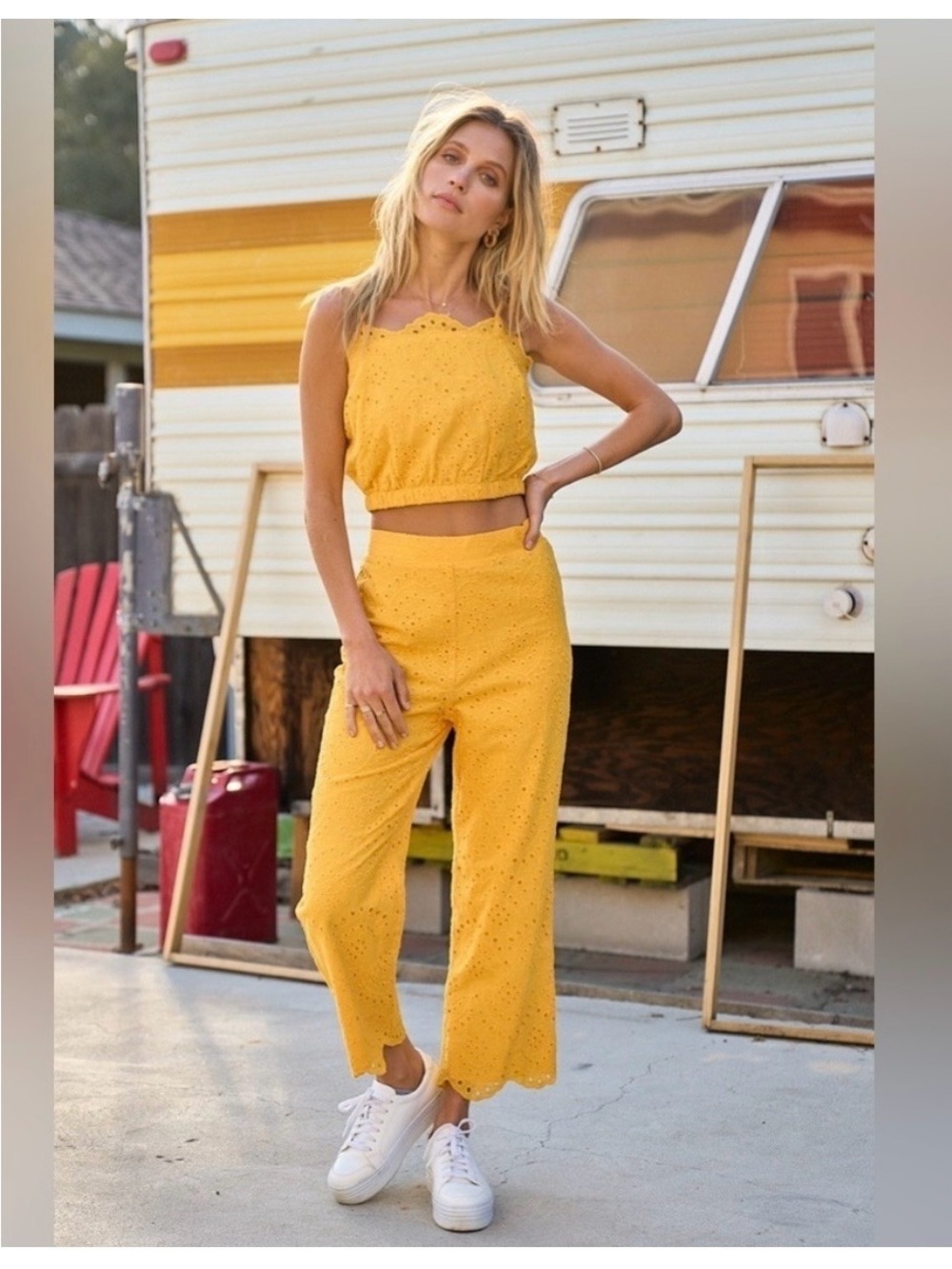 LALAVON YELLOW EMBROIDERED EYELET 100% COTTON PREPPY CROP TOP AND PANT SET SzM